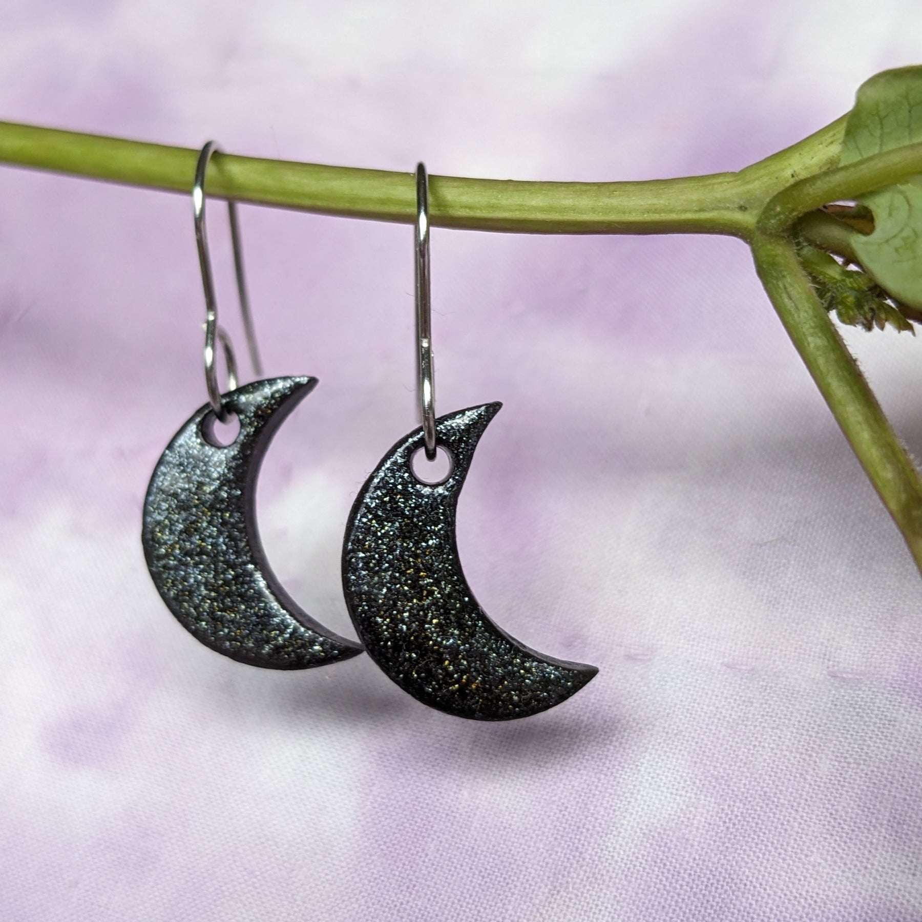Midnight Sparkle Crescent Moon Dangle Earrings, Black, Gold