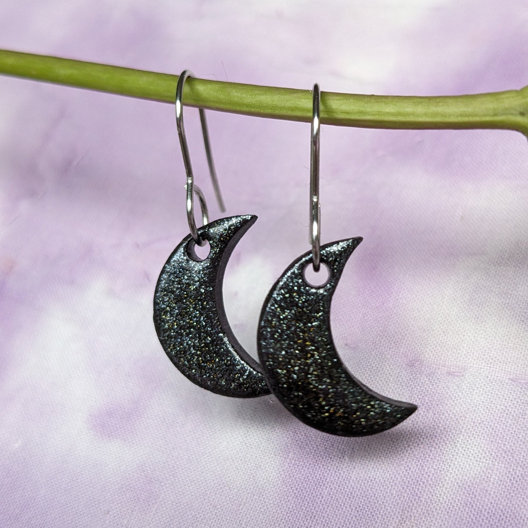 Midnight Sparkle Crescent Moon Dangle Earrings, Black, Gold
