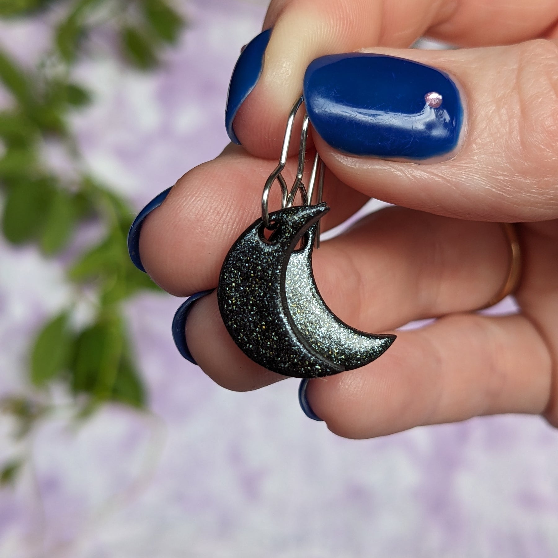 Midnight Sparkle Crescent Moon Dangle Earrings, Black, Gold