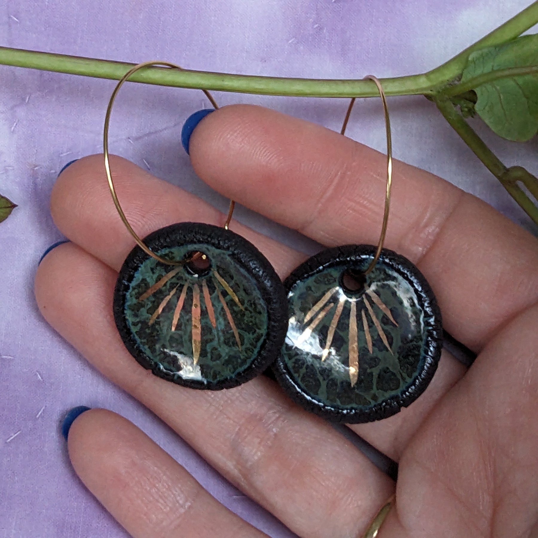 Ceramic Pond Sprite Dangle Earrings, Green, Gold