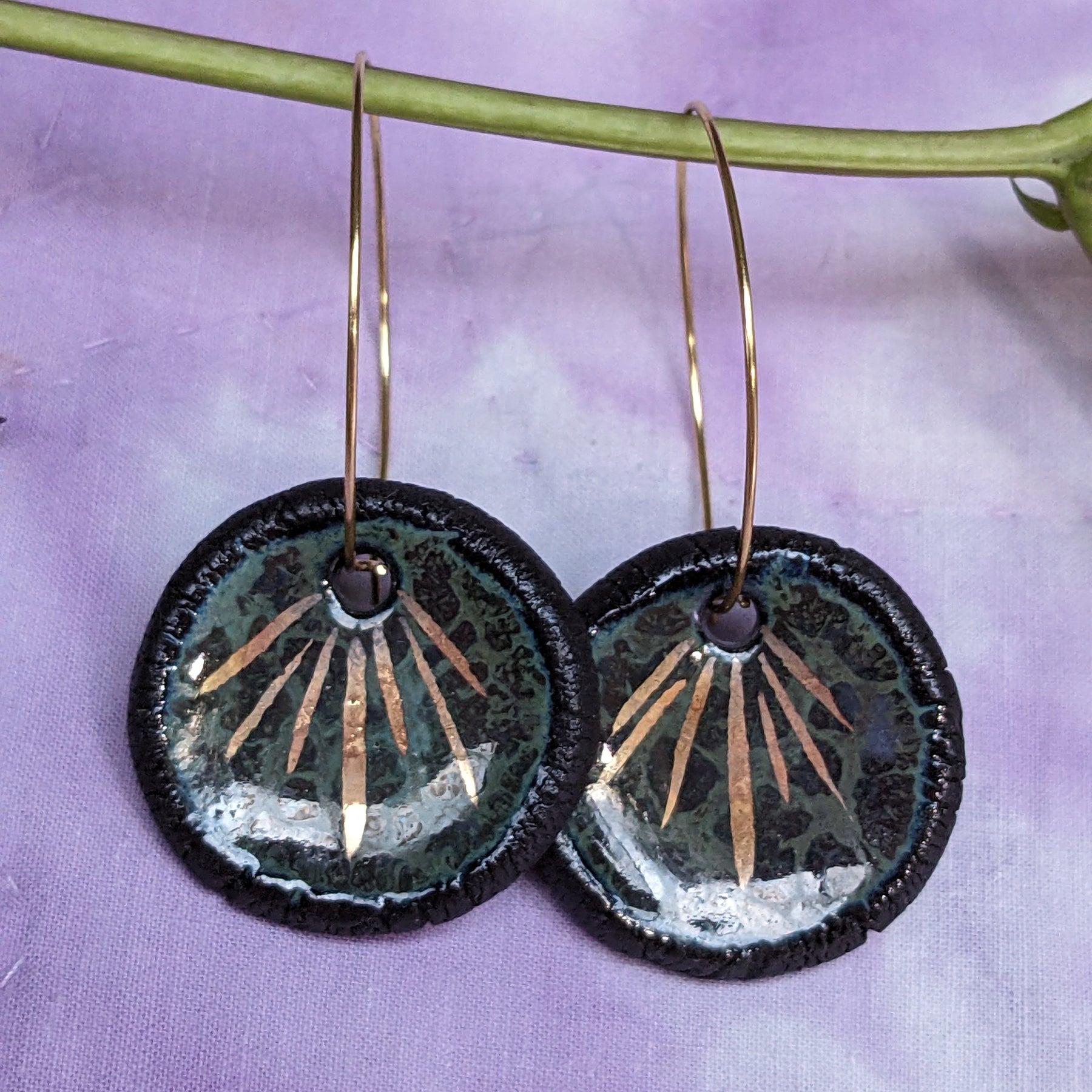 Ceramic Pond Sprite Dangle Earrings, Green, Gold