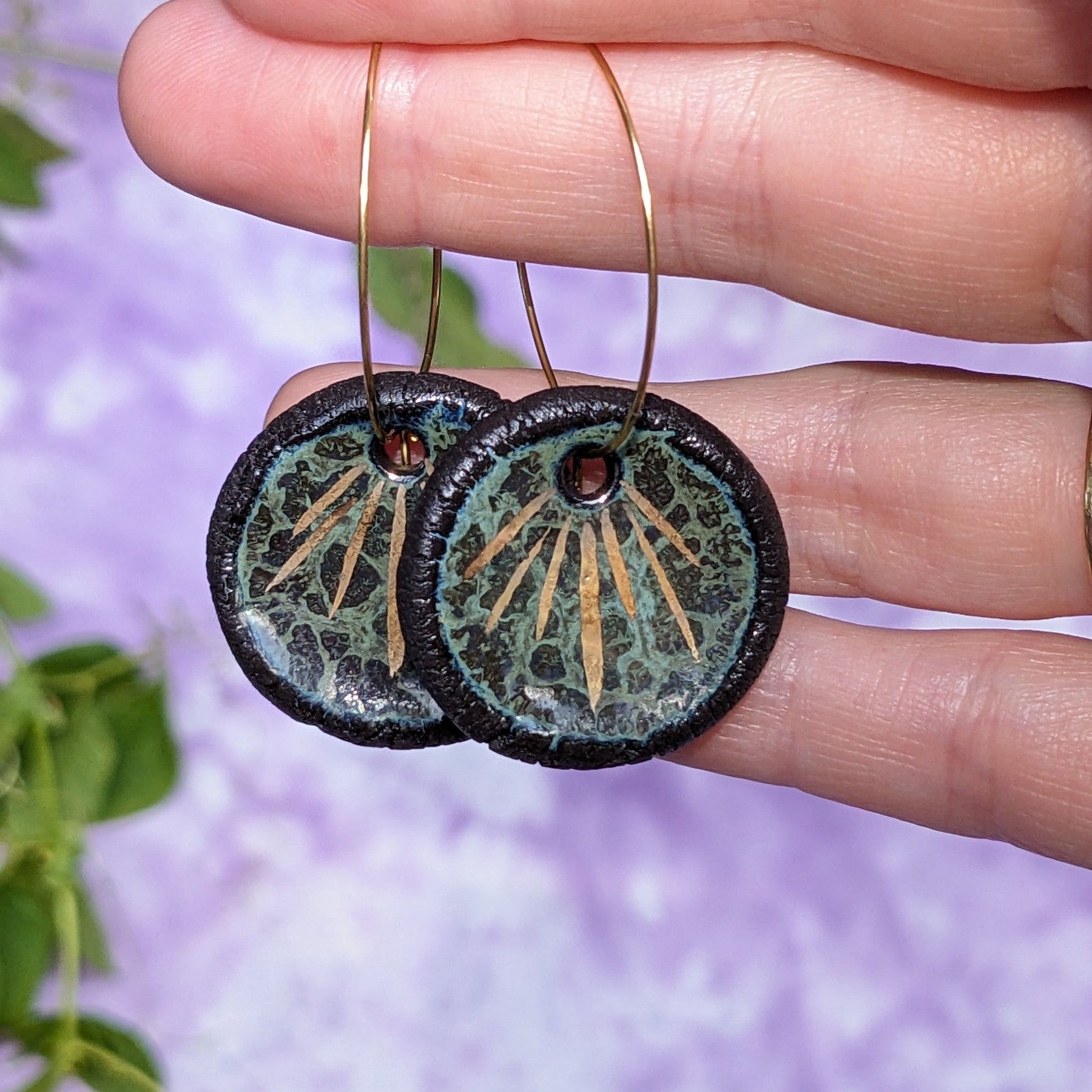 Ceramic Pond Sprite Dangle Earrings, Green, Gold