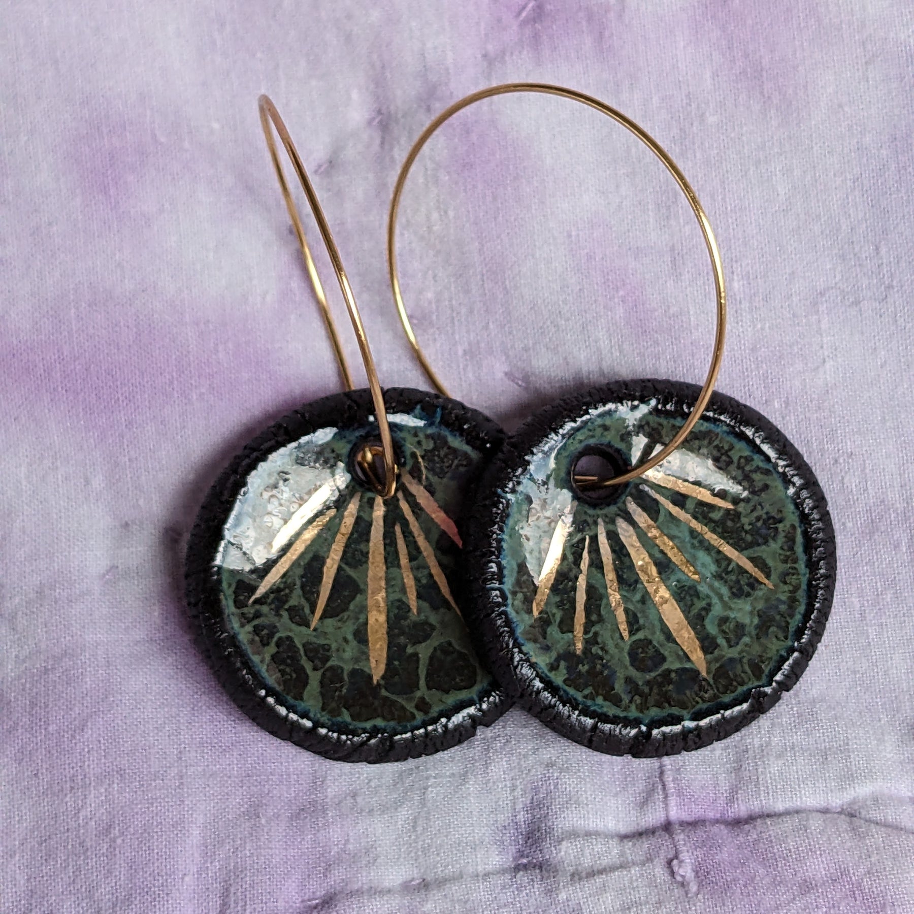 Ceramic Pond Sprite Dangle Earrings, Green, Gold