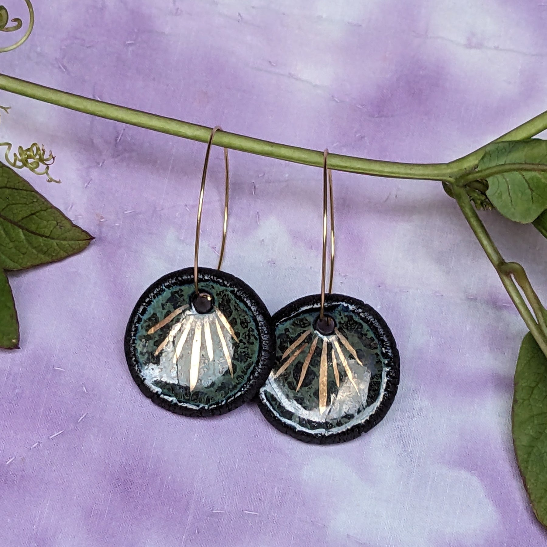 Ceramic Pond Sprite Dangle Earrings, Green, Gold
