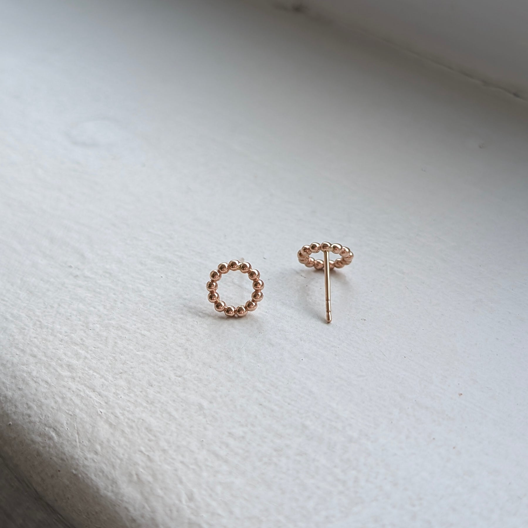 handmade 9ct rose gold circle bead studs