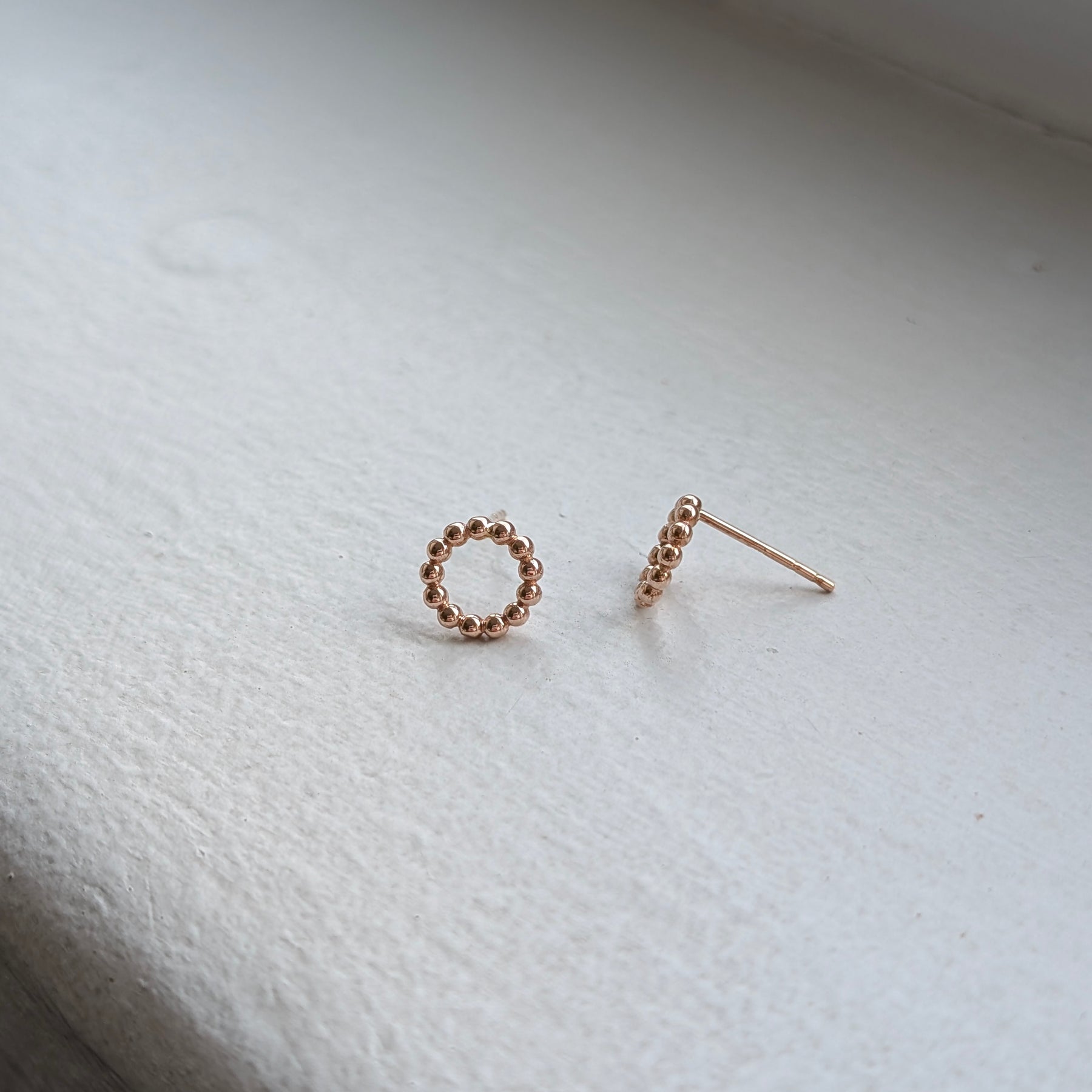 handmade 9ct rose gold circle bead studs