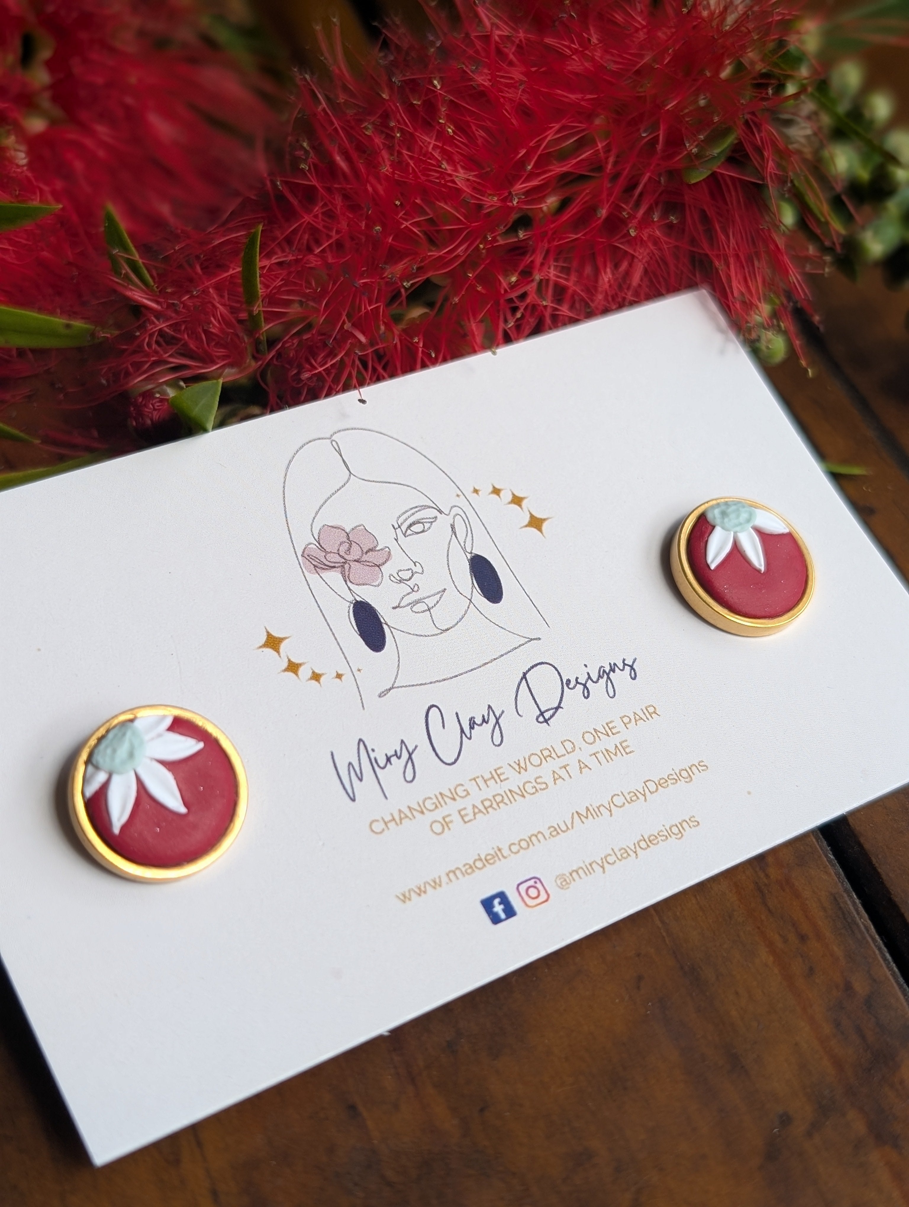 Simple red Flannel flower Studs