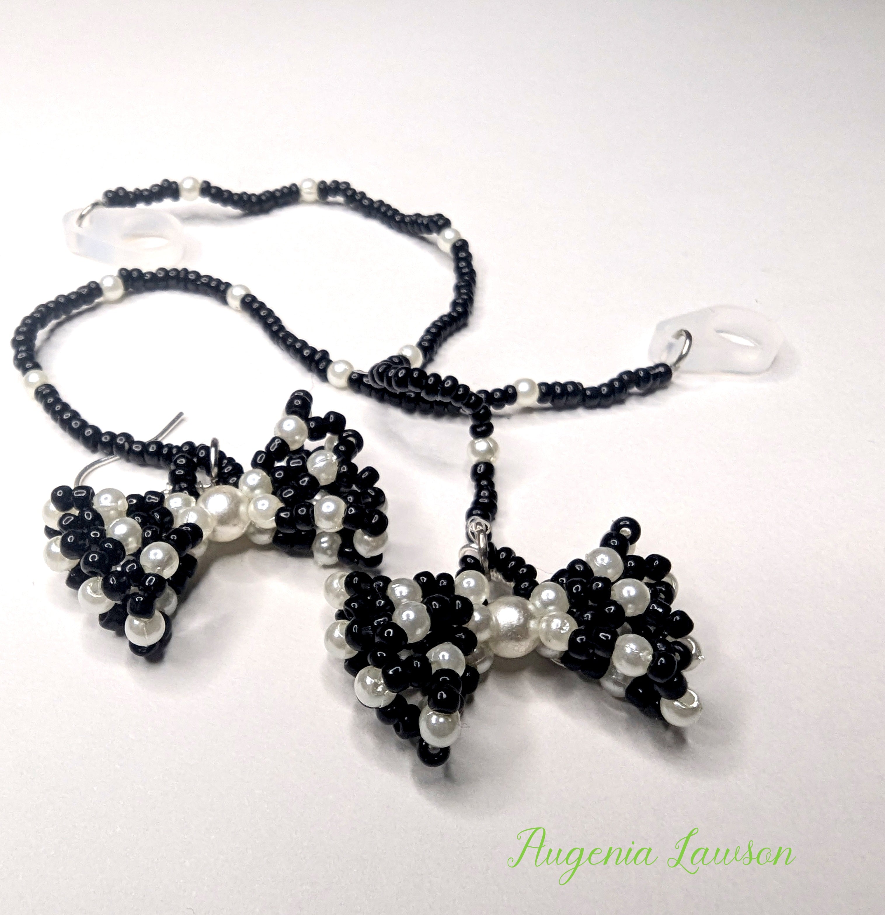 3d Black & White Beaded Bow Hearing Aid Earrings – Cute & Clever Safety Jewellery