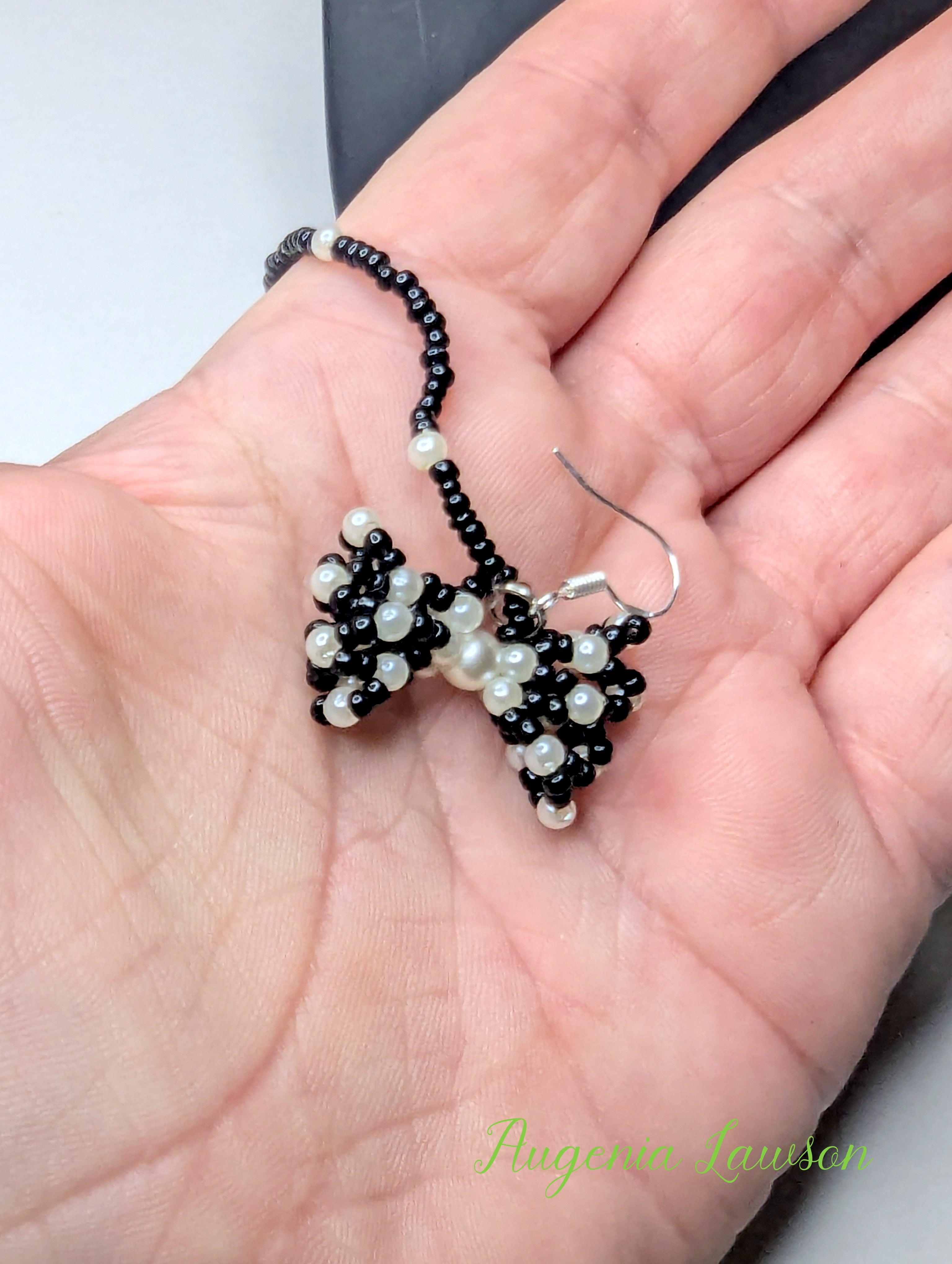 3d Black & White Beaded Bow Hearing Aid Earrings – Cute & Clever Safety Jewellery
