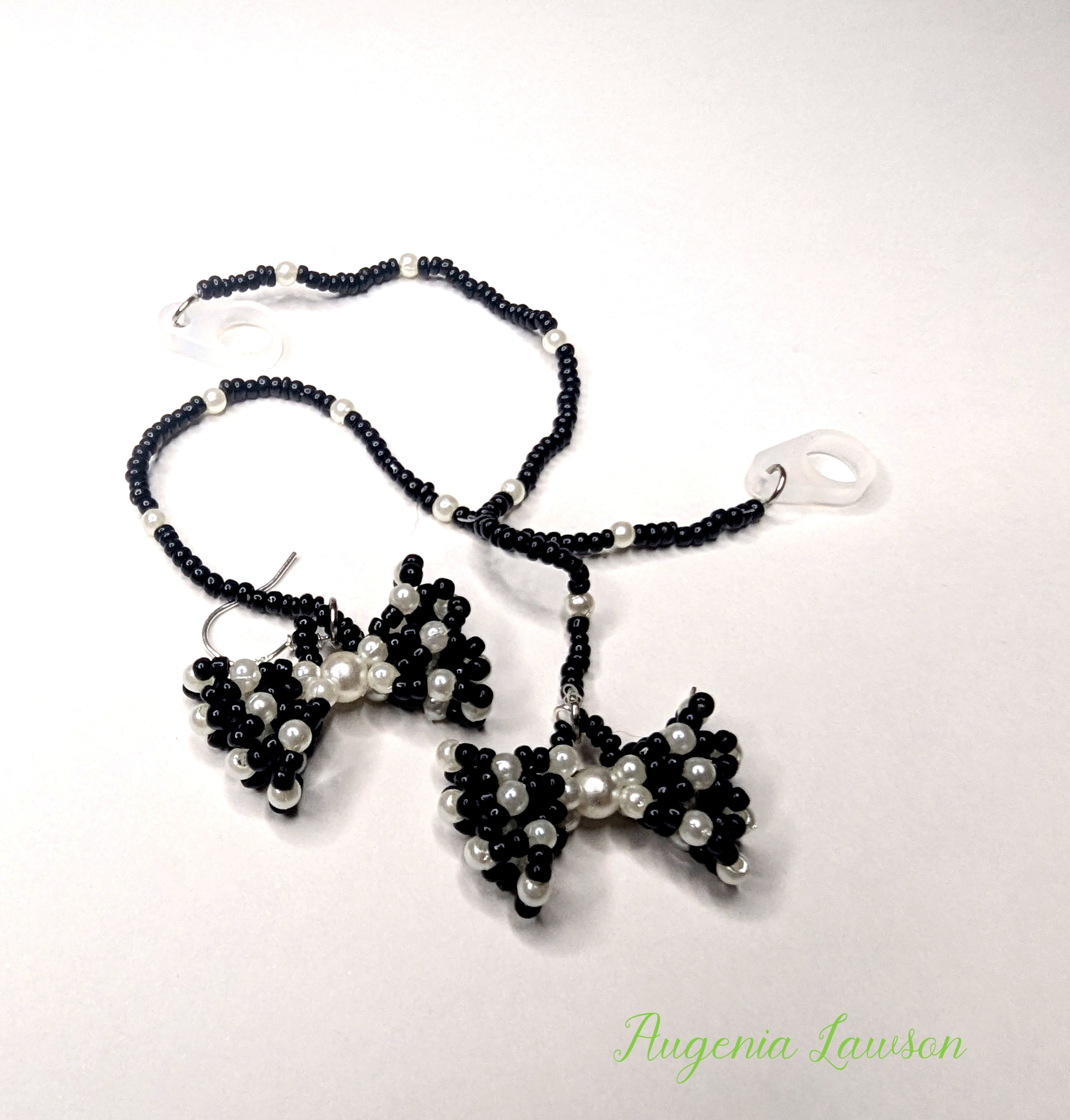 3d Black & White Beaded Bow Hearing Aid Earrings – Cute & Clever Safety Jewellery