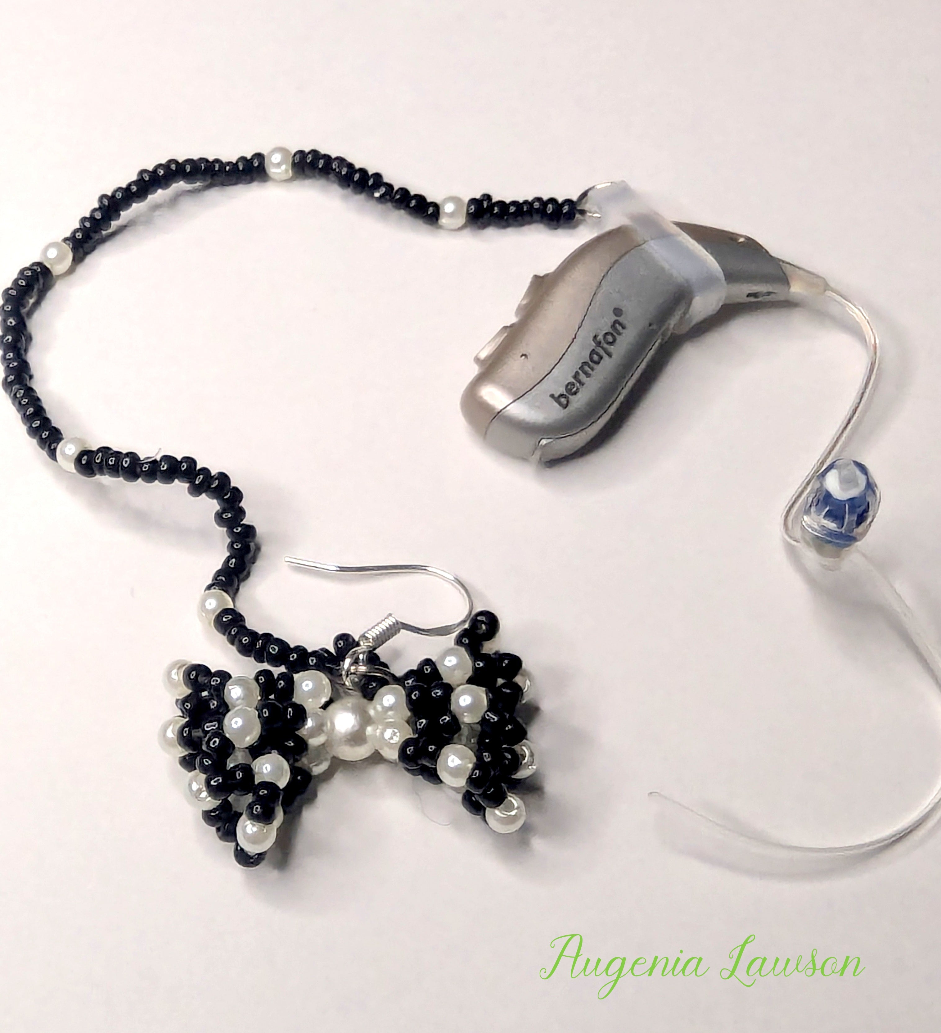 3d Black & White Beaded Bow Hearing Aid Earrings – Cute & Clever Safety Jewellery