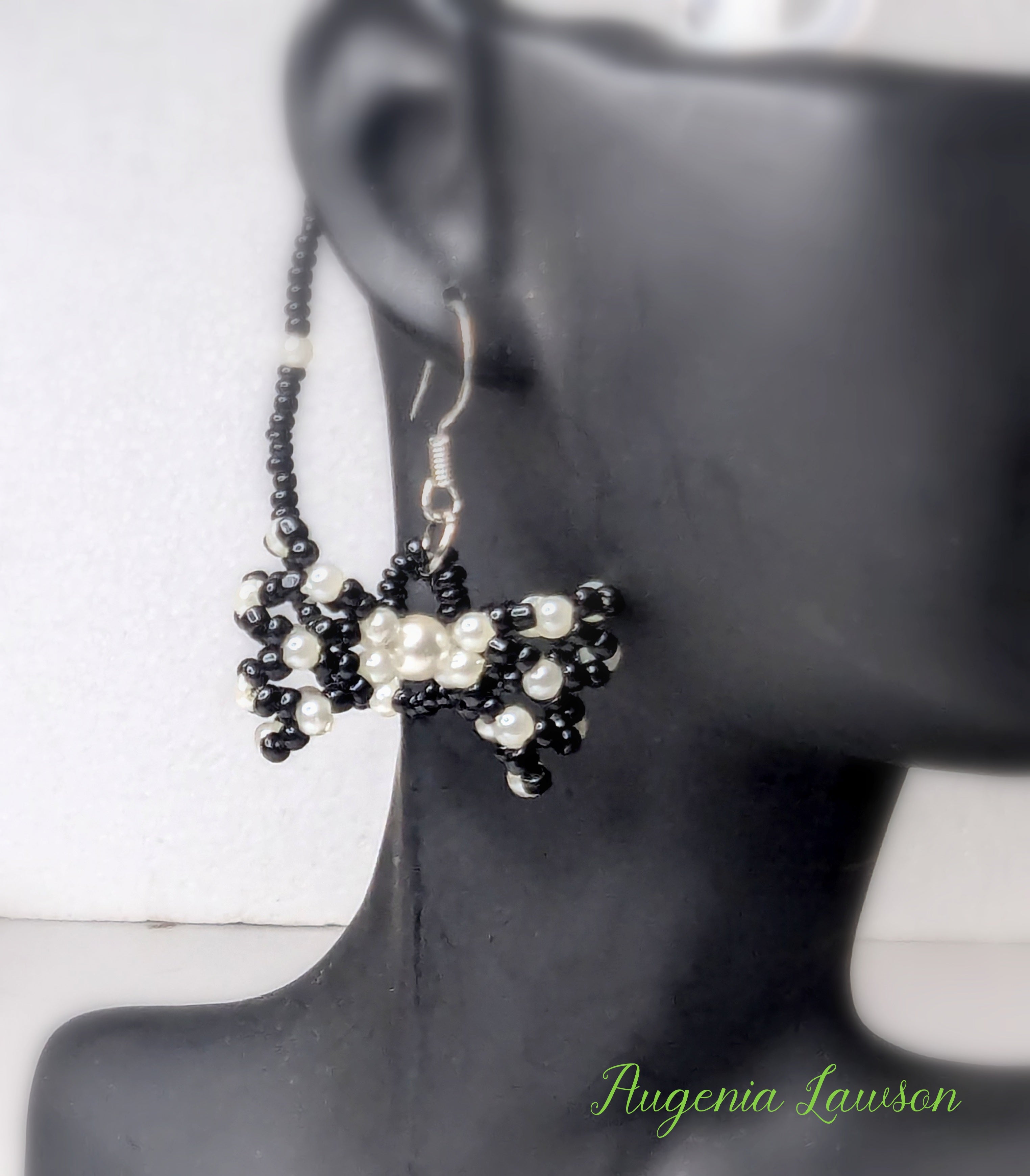 3d Black & White Beaded Bow Hearing Aid Earrings – Cute & Clever Safety Jewellery