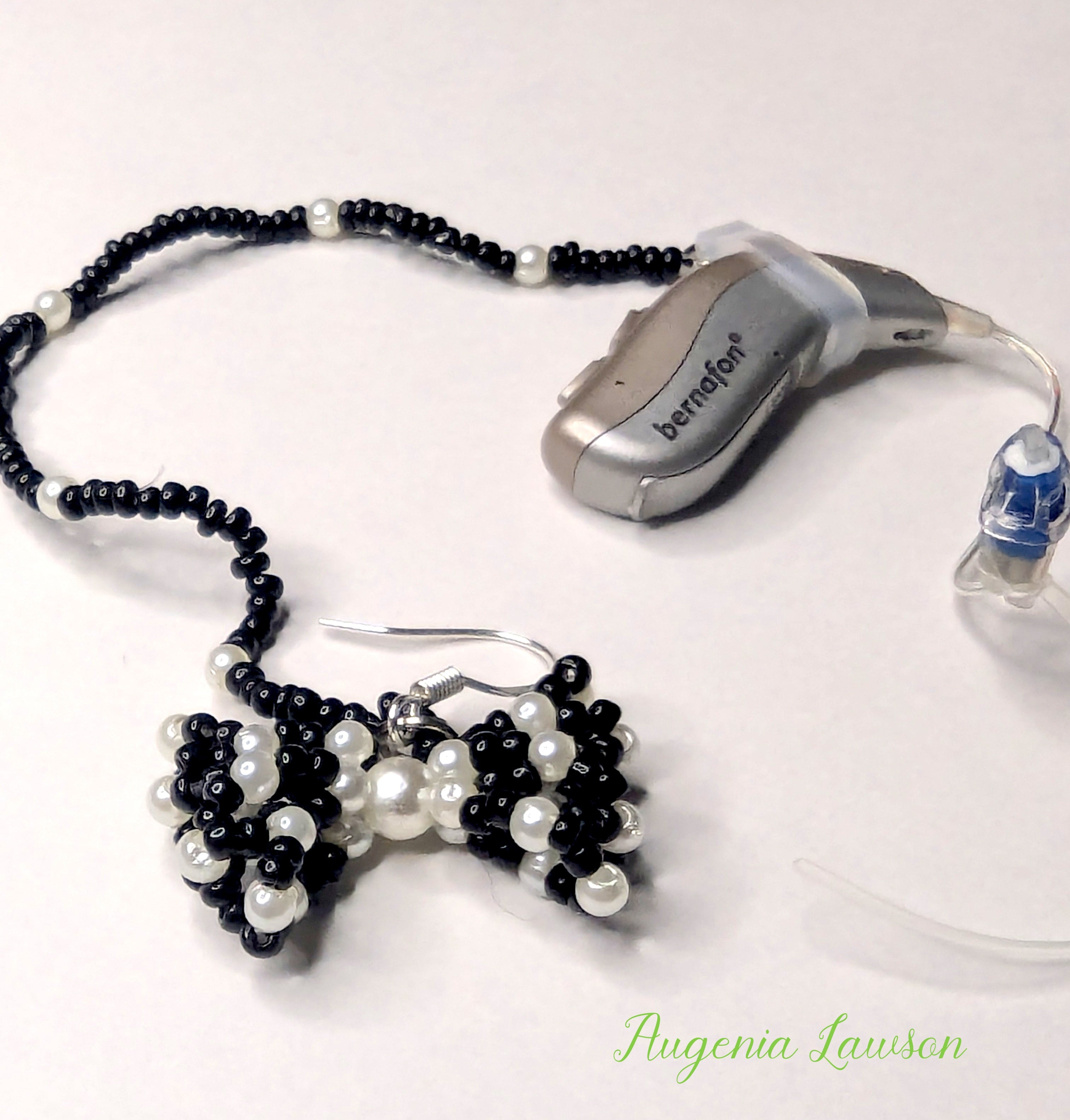 3d Black & White Beaded Bow Hearing Aid Earrings – Cute & Clever Safety Jewellery
