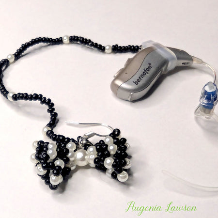 3d Black & White Beaded Bow Hearing Aid Earrings – Cute & Clever Safety Jewellery