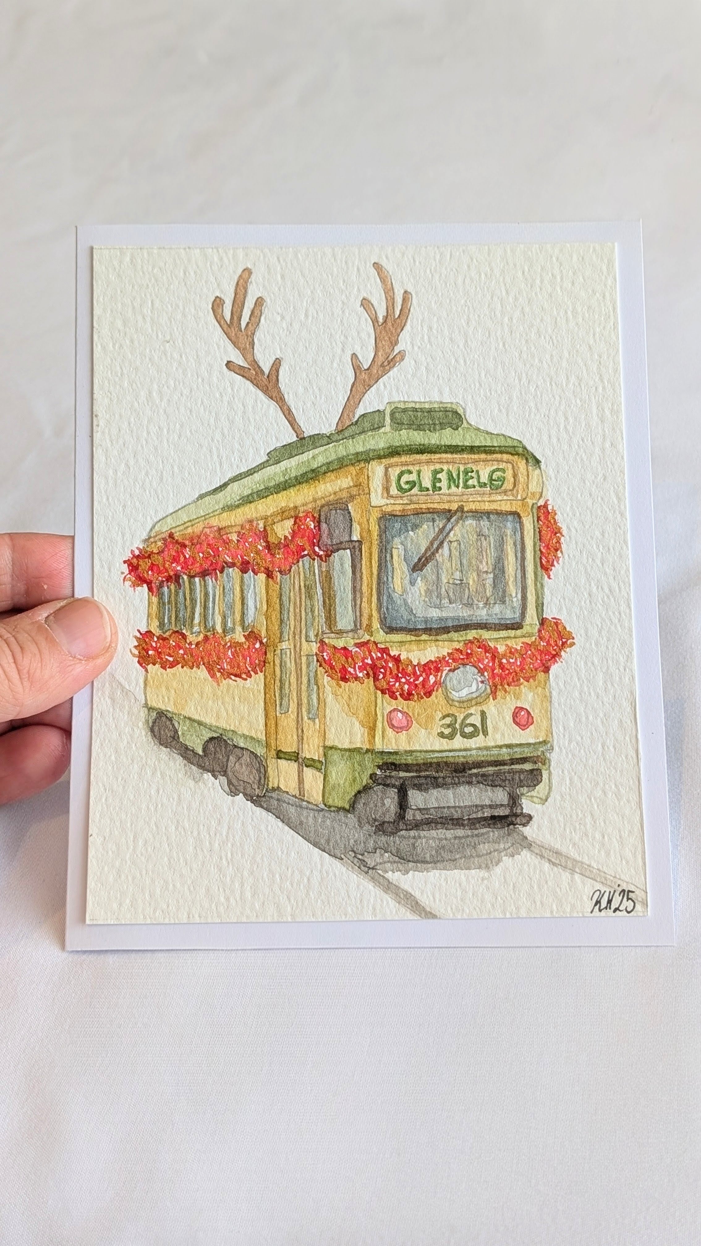 Hand Painted Vintage Glenelg Tram Adelaide Christmas Greeting Card
