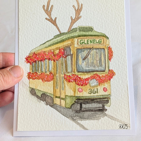 Hand Painted Vintage Glenelg Tram Adelaide Christmas Greeting Card