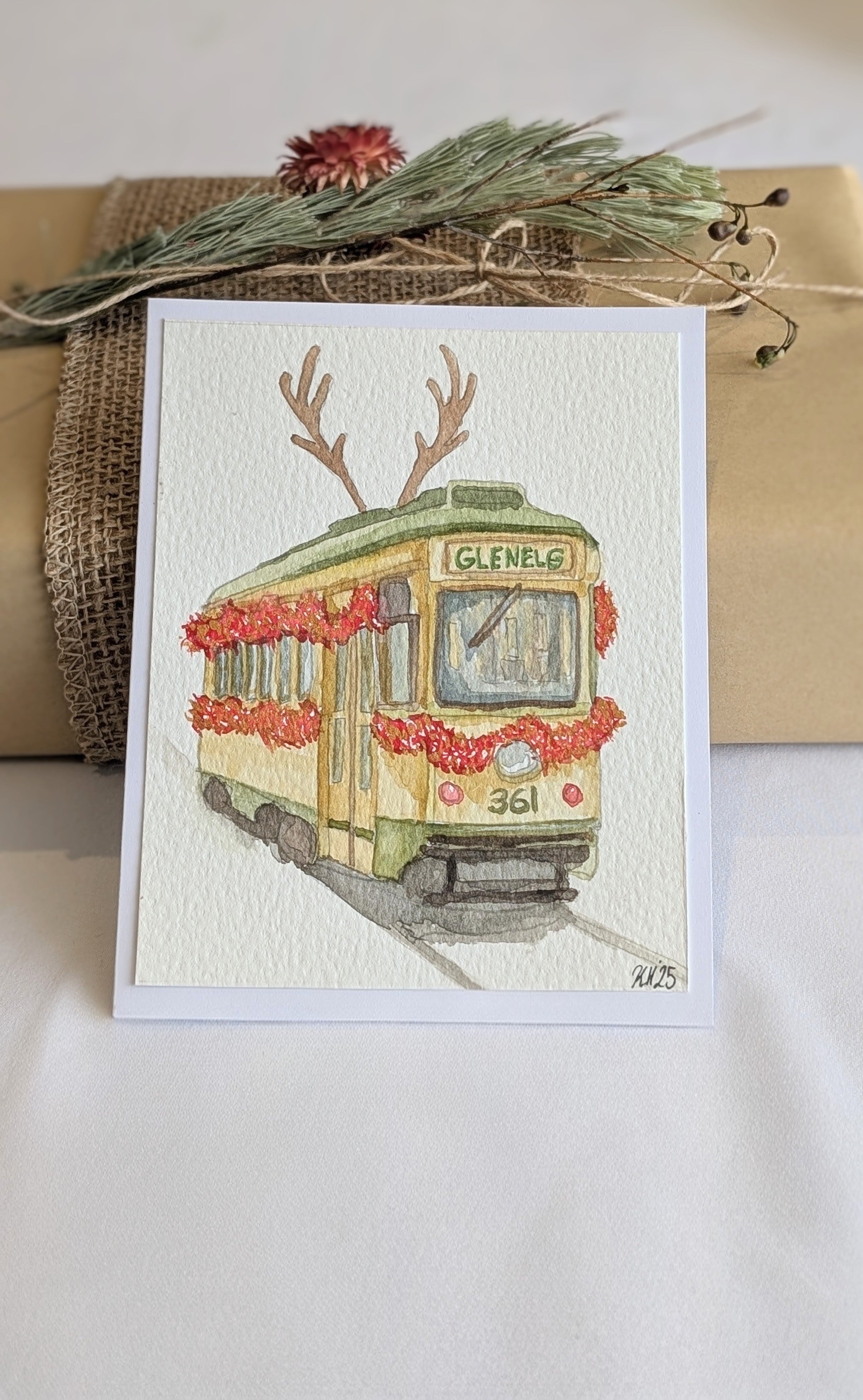 Hand Painted Vintage Glenelg Tram Adelaide Christmas Greeting Card