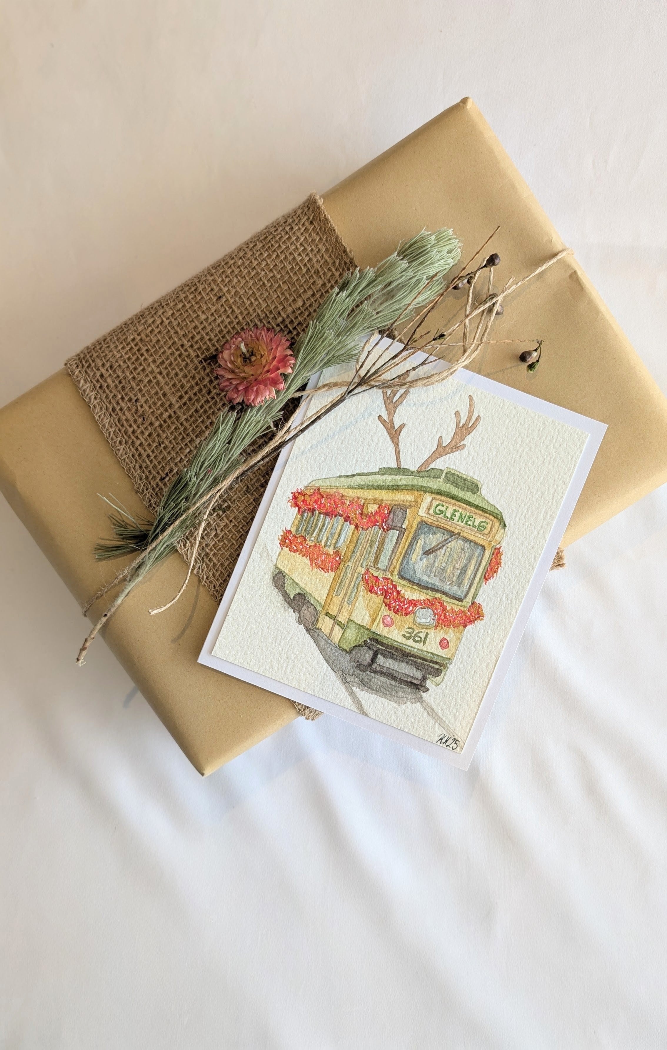 Hand Painted Vintage Glenelg Tram Adelaide Christmas Greeting Card
