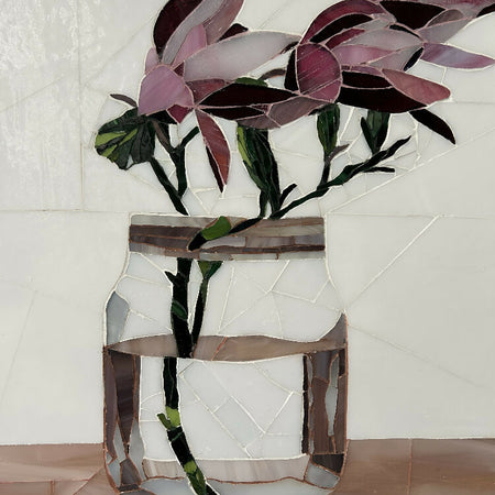 'LILLIES IN GLASS JAR' Stained Glass Mosaic Flower in Clear Jar