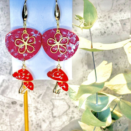 Red Textured Earrings with Gold Flower and Mushroom Charms