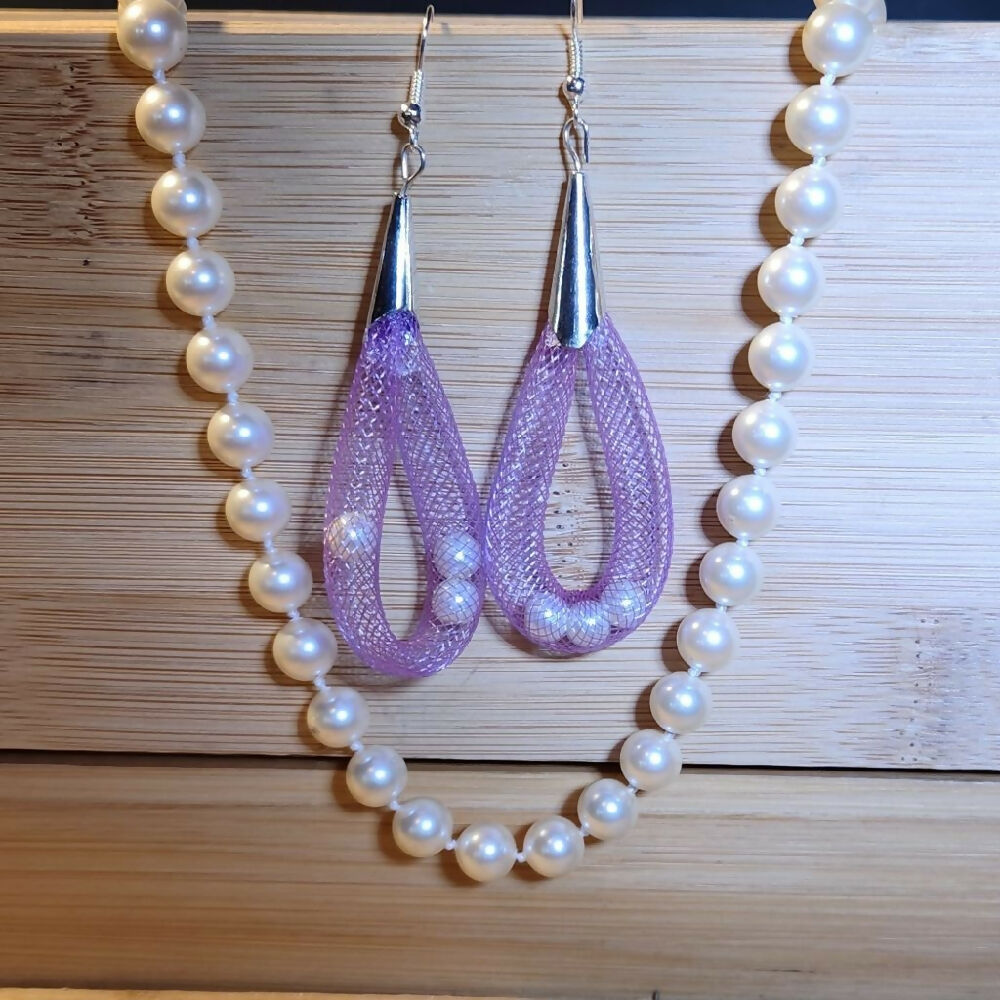 Dangle Earrings, purple nylon mesh with pearls