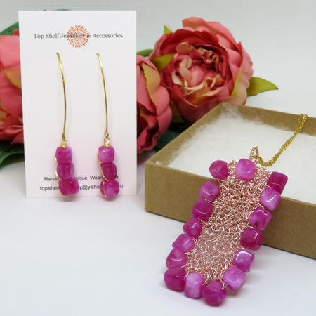 Fuchsia Natural Stone Crochet Wire Pendant and Earring Set