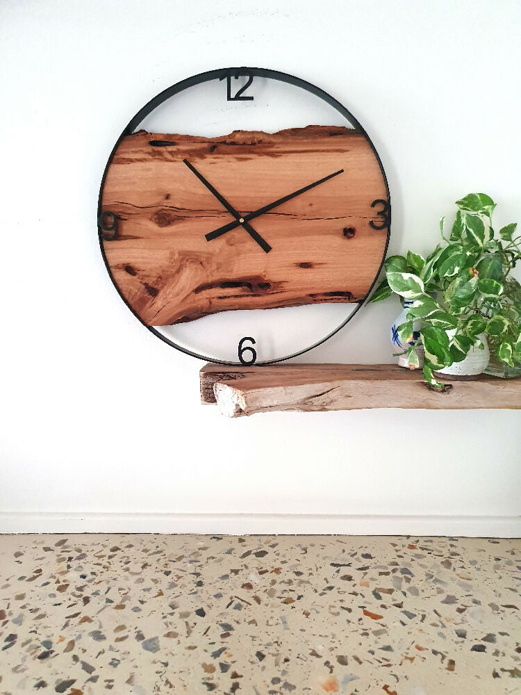 Beautiful Marri Timber 51cm Wall Clock, Australian Made, Wood and metal clock, hanging art feature, Fifth Wedding Anniversary Gift