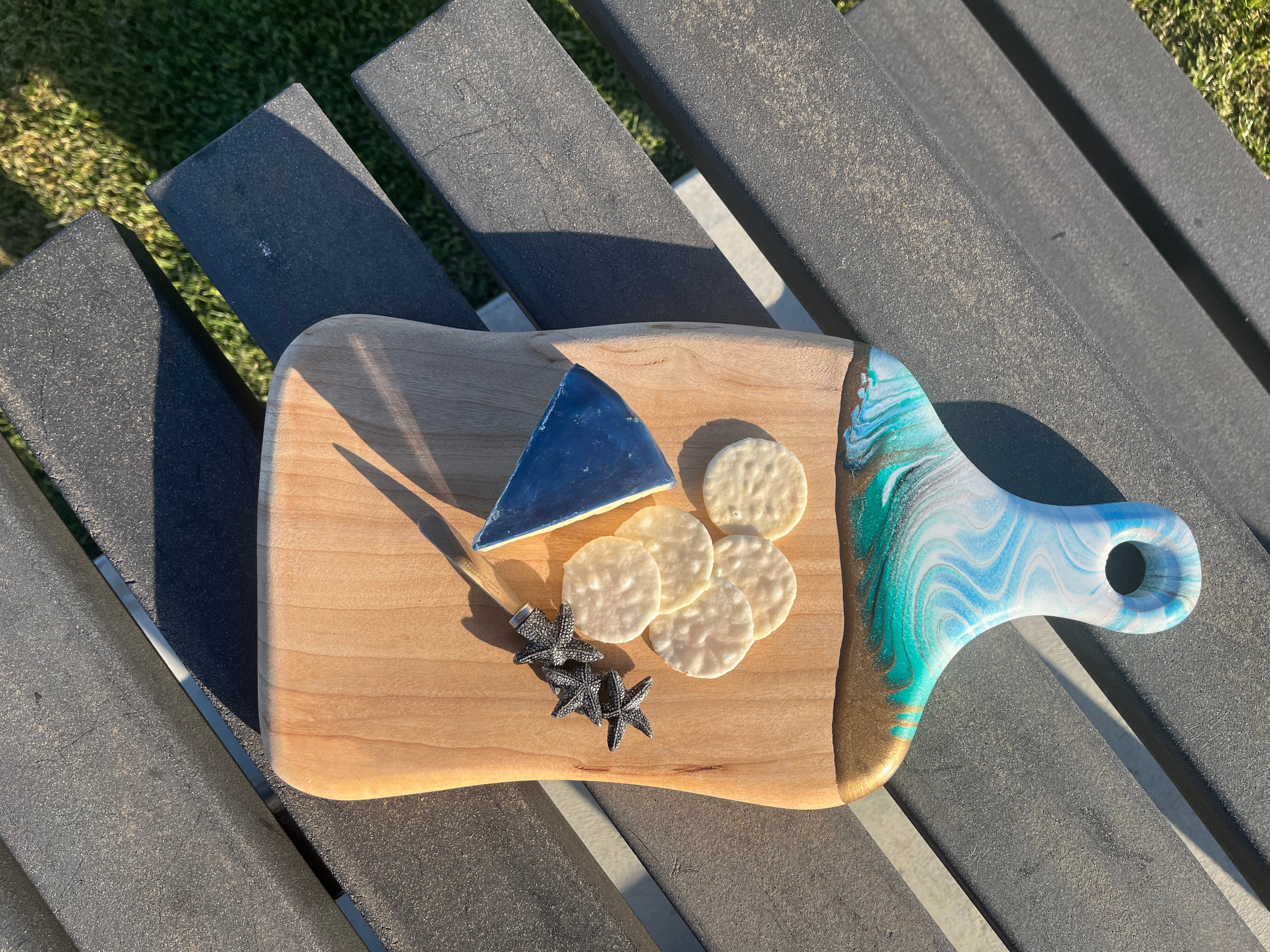 White,gold, blue & aqua abstract paddle cheeseboard