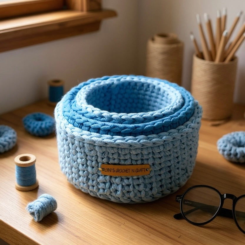 Handmade Crochet Blue Nesting Baskets