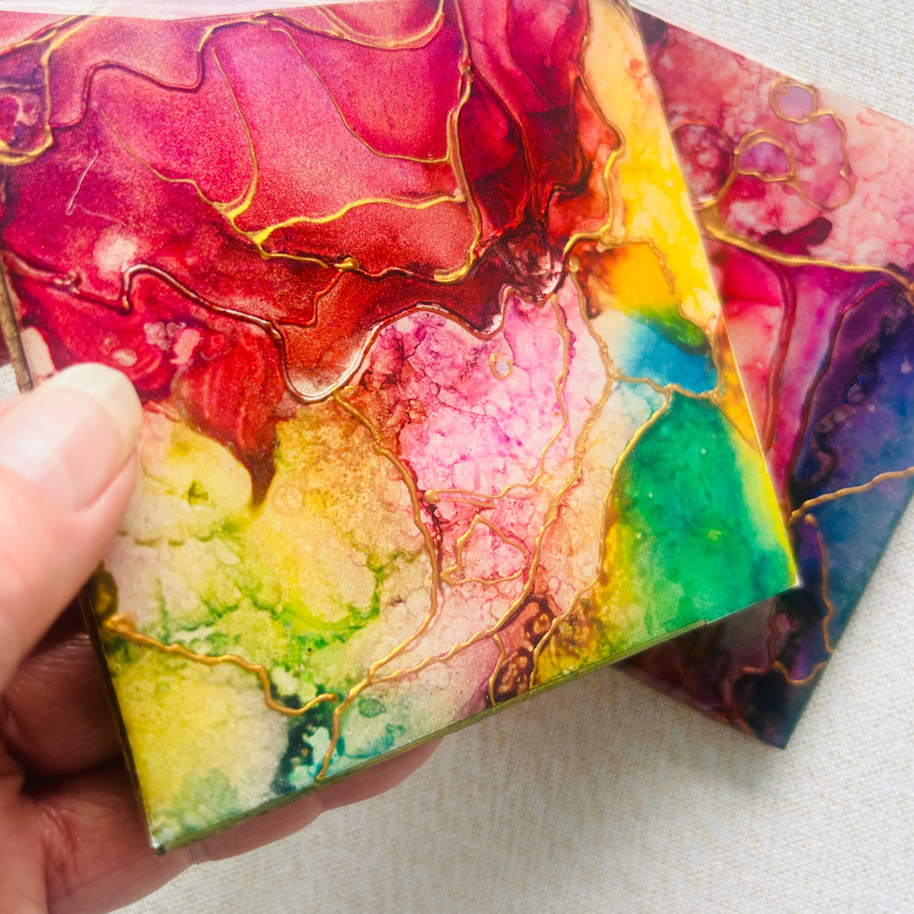 Resin/Alcohol Ink Drink Coasters  (Set of 2) Gold detail