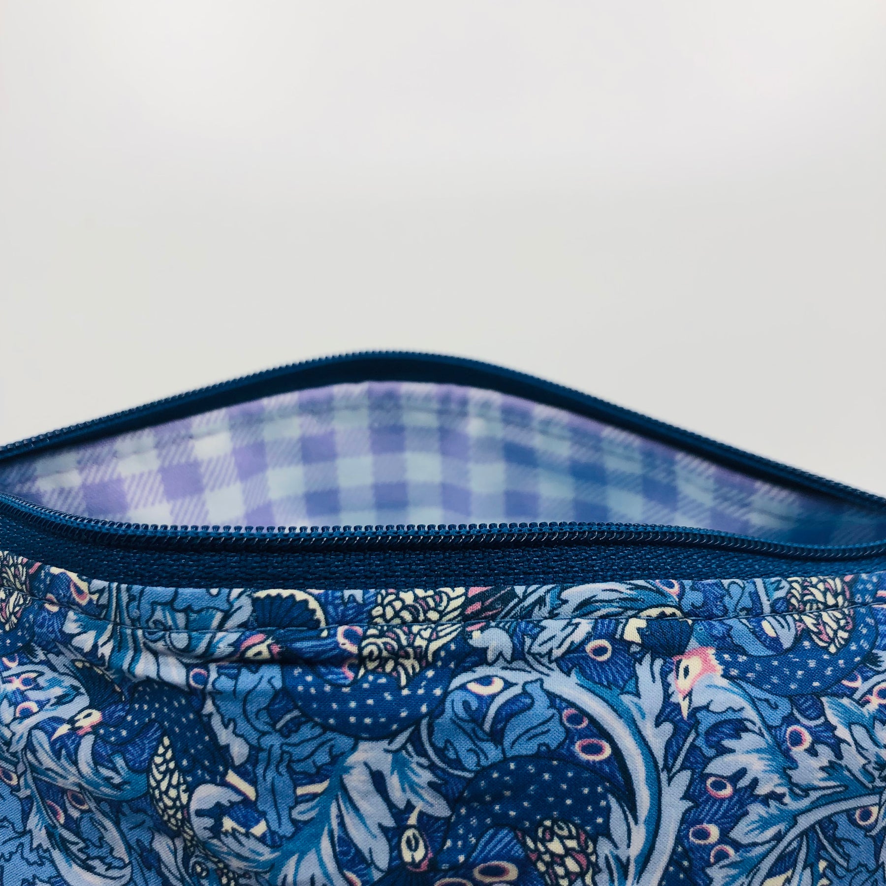 Liberty fabric zipper pouch blue peacock design