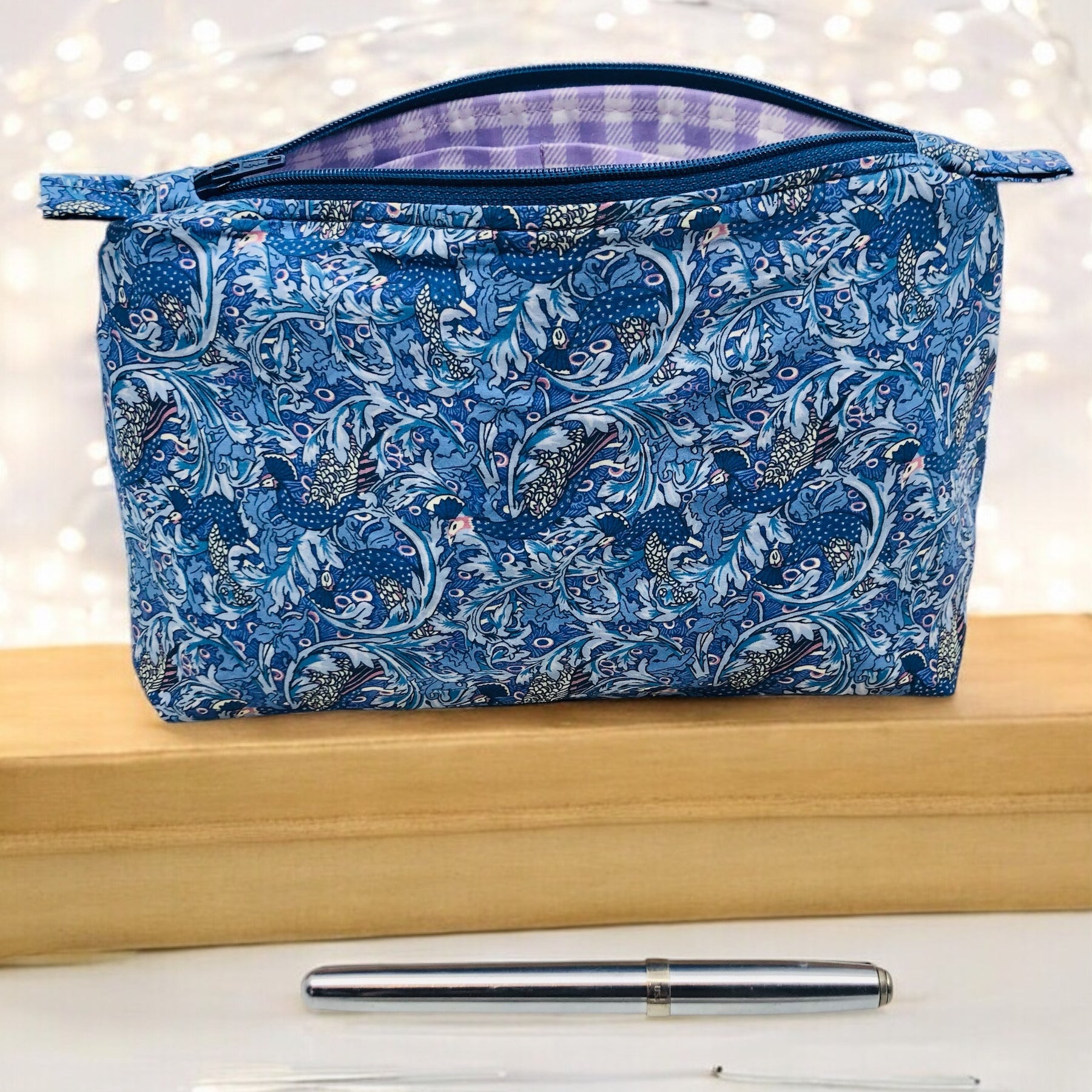 Liberty fabric zipper pouch blue peacock design