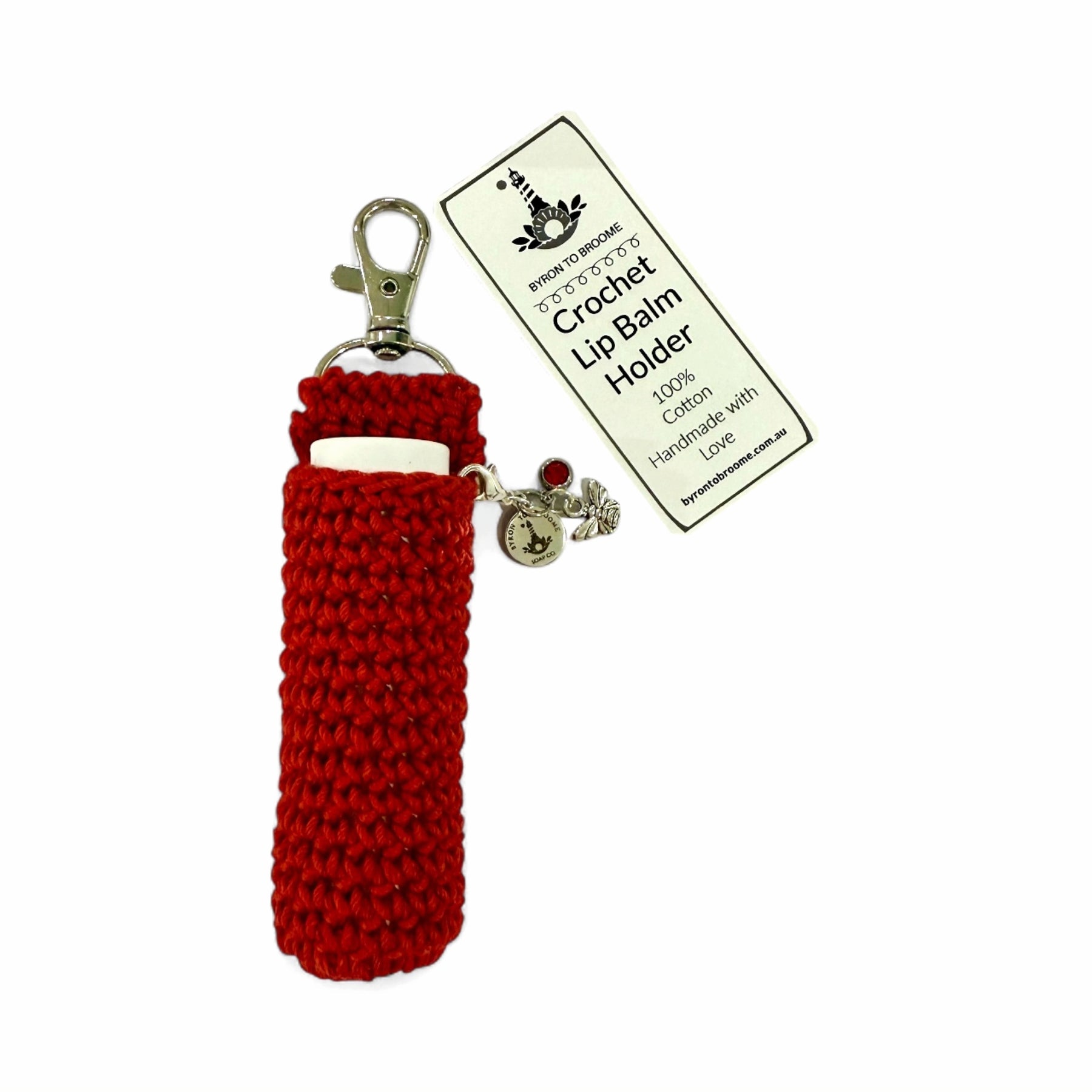 Crochet Lip Balm Holder - Serrano | Red Gem + Bee + Logo Charms