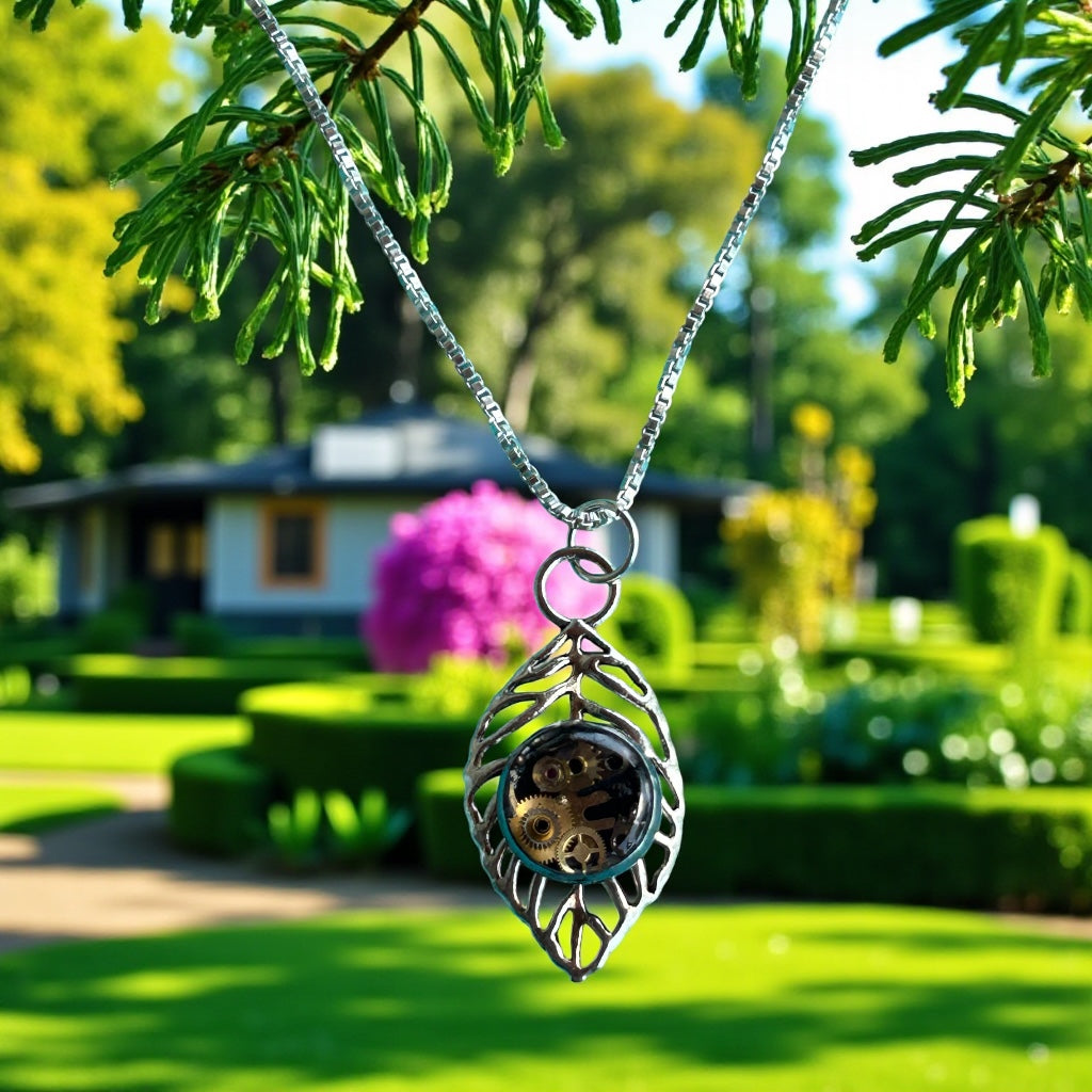 Steampunk watch parts filigree leaf necklace (2 designs