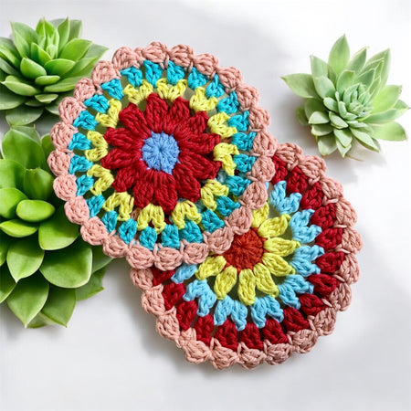 Mandala Crochet Coasters – Bright Boho Table Decor – Handmade Cotton Drink Coaster Set – Colourful Home Gift Idea