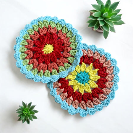 Mandala Crochet Coasters – Bright Boho Table Decor – Handmade Cotton Drink Coaster Set – Colourful Home Gift Idea