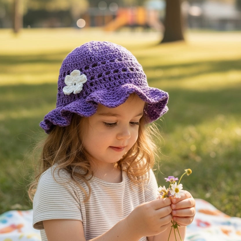 Crochet Kids Hat in Purple with a Ruffled Brim -4+