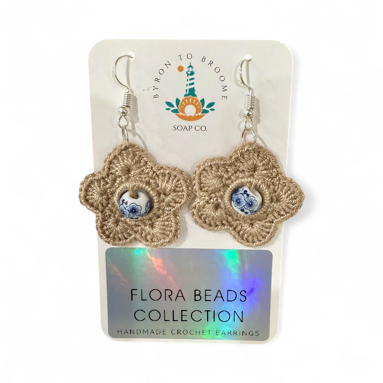 Crochet Earrings - Flora Beads: Natural Beige with Bead #1