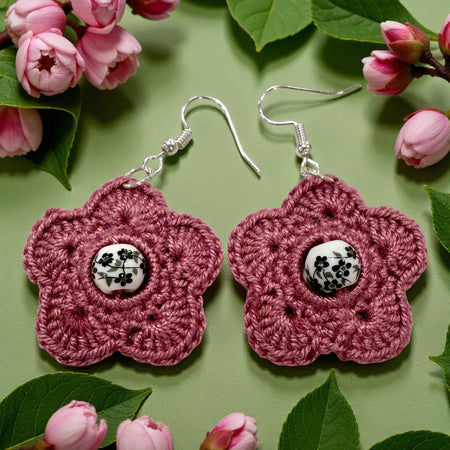 Crochet Earrings - Flora Beads: Berry Mauve with Bead #3