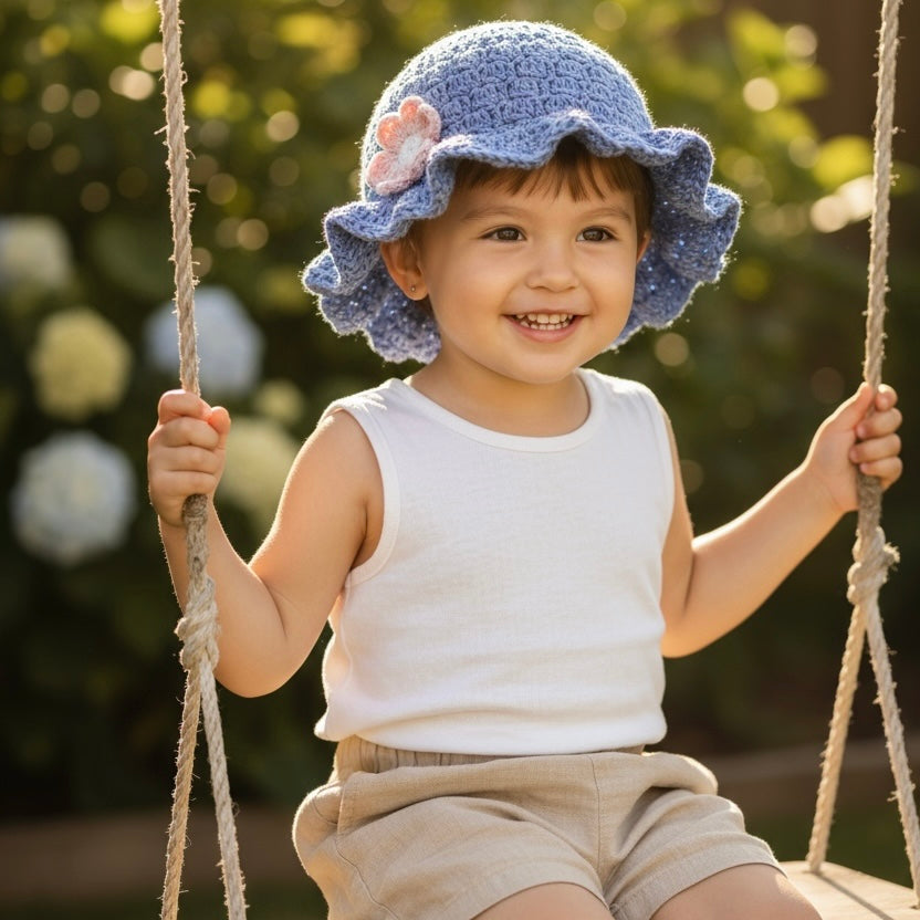 Handmade Periwinkle Crochet Hat – Ruffled Brim, Fits Ages 4+