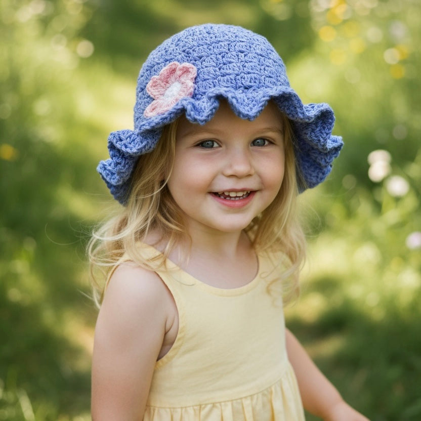 Handmade Periwinkle Crochet Hat – Ruffled Brim, Fits Ages 4+