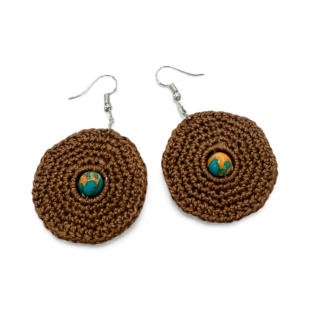 Crochet Earrings - Earth Brown with Natural Rain Flower Stone Beads
