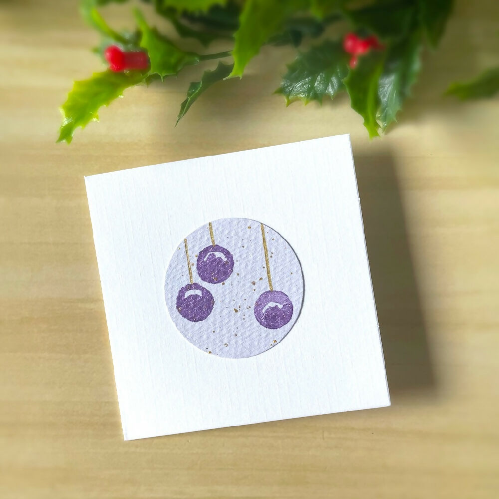 Australian-artist-handmade-original-art-watercolour-Christmas-card-7.5cm-purple-baubles