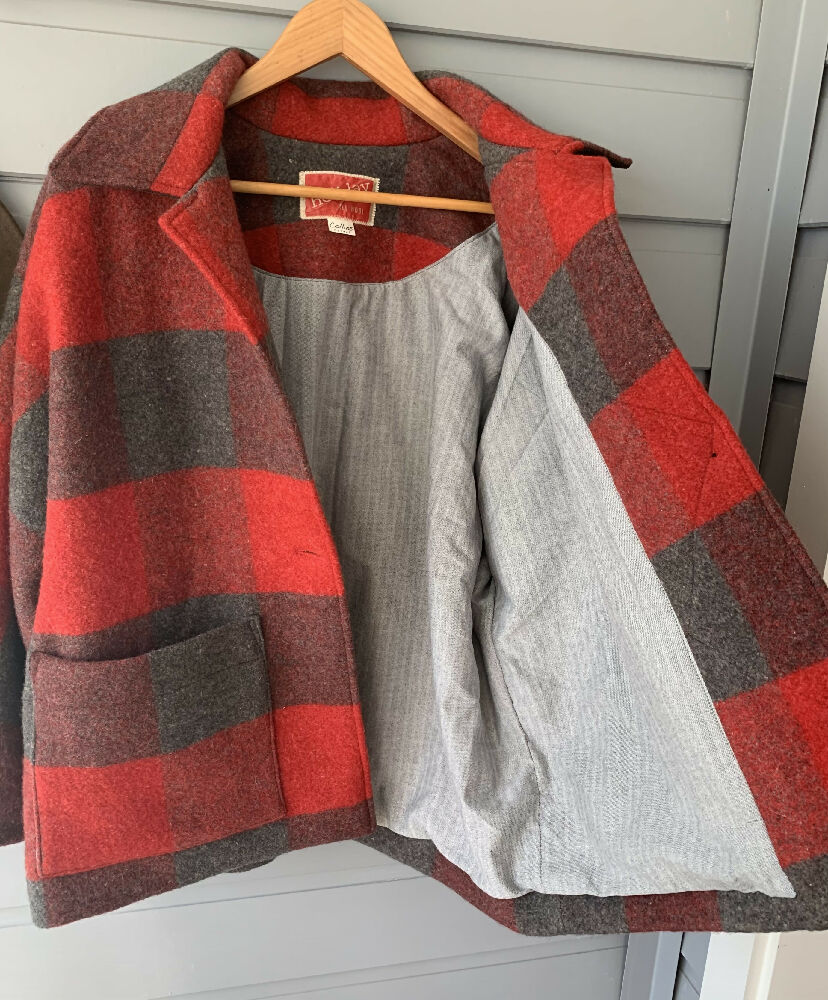 Red Wool blanket jacket/ wool jacket/ upcycled blanket jacket/ size medium/large