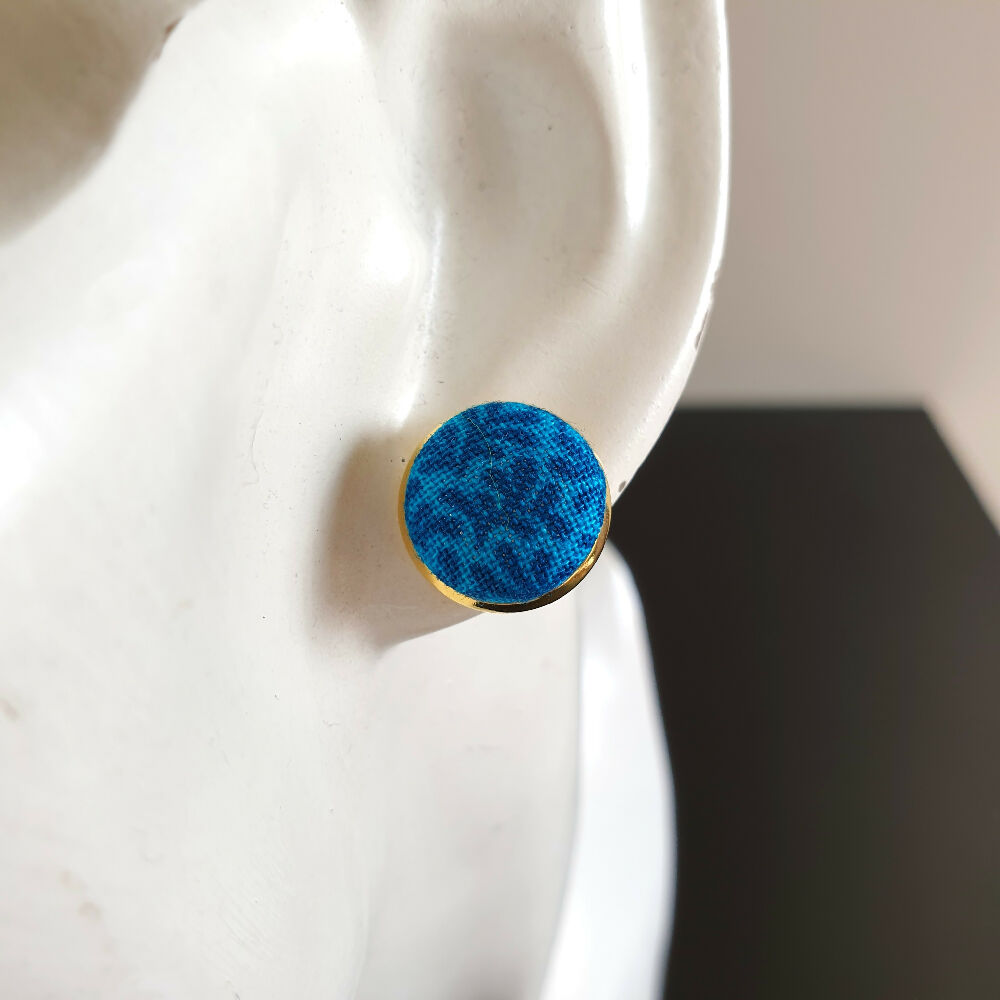 1.4cm Round Blue Plants cotton fabric Cabochon stud earrings