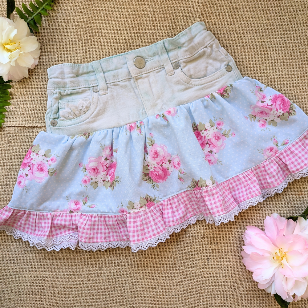 girls-upcycled-denim-skirt-size-2-3-pink-posies-gingham-handmade-sewing-artist-the-denim-patch (4)