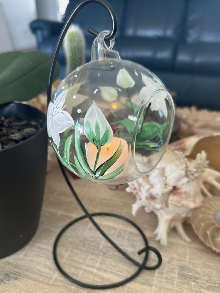 Glass Hanging Candle Holder Painted With Lilies