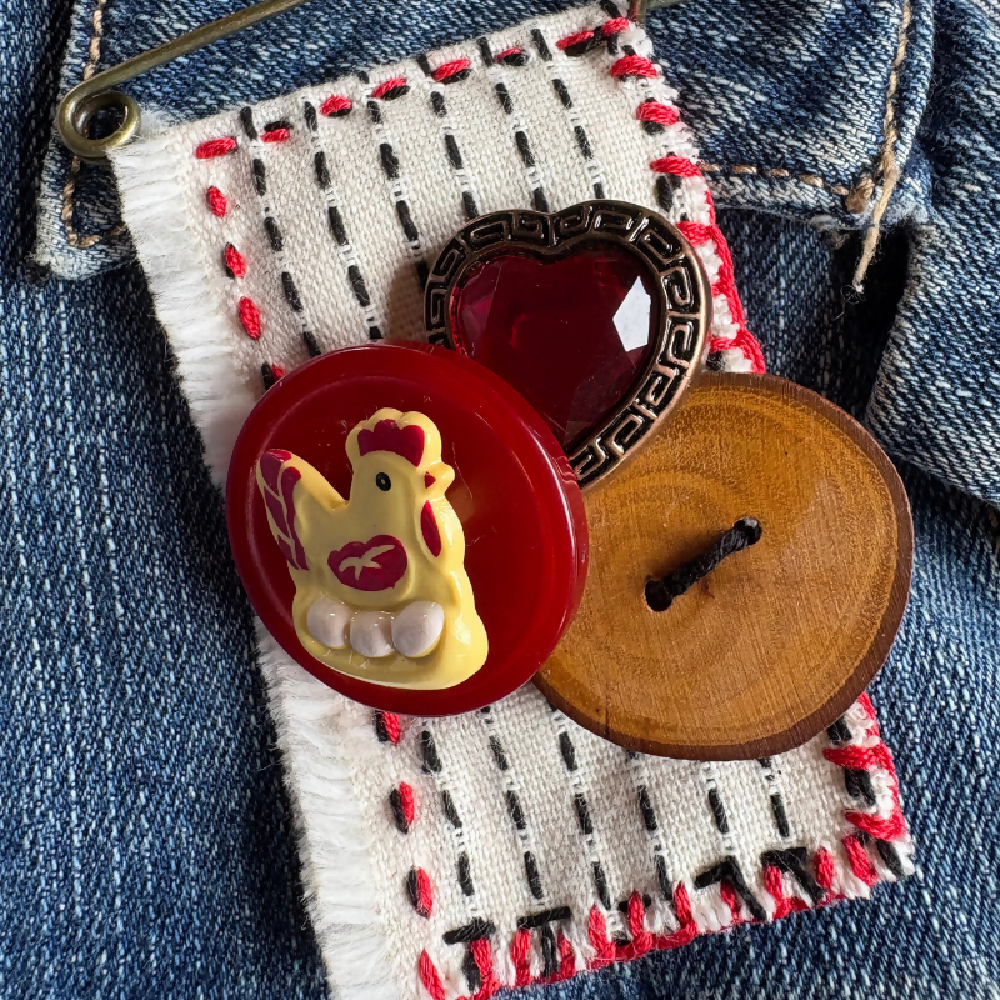 Hand stitched chicken bead brooch by Leumesin Handmade
