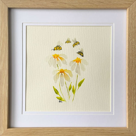 22x22cm Framed Original Watercolour Painting - Daisies and Bees