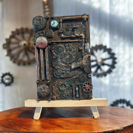 Steampunk art piece on easle